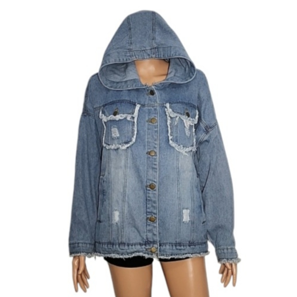 Davi & Dani Embroidery Hooded Distressed Womens Denim Jacket‎ Size M Medium